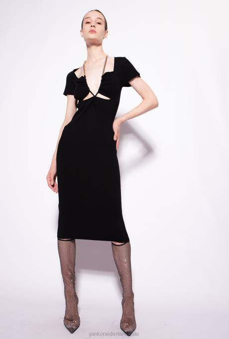 halflange jurken | L48871 gebreide kuitlange jurk met ketting Pinko limousine zwart