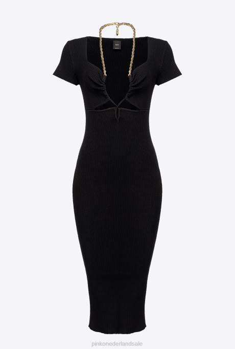 halflange jurken | L48871 gebreide kuitlange jurk met ketting Pinko limousine zwart