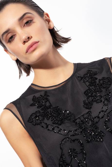 korte jurkjes | L488117 mini-jurk van tule met tattoo-borduurwerk Pinko limousine zwart