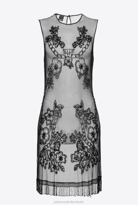 korte jurkjes | L488117 mini-jurk van tule met tattoo-borduurwerk Pinko limousine zwart