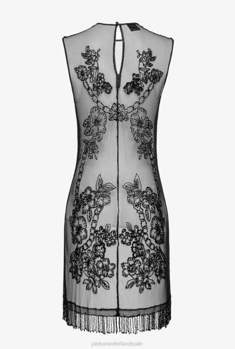 korte jurkjes | L488117 mini-jurk van tule met tattoo-borduurwerk Pinko limousine zwart