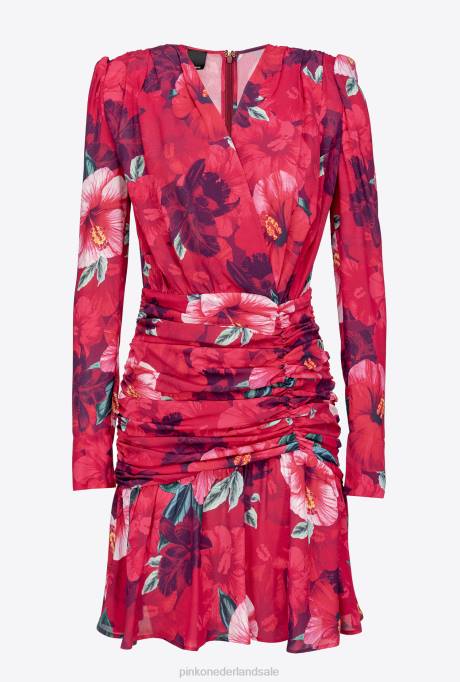 korte jurkjes | L488139 korte jurk met hibiscusprint Pinko multi. fuchsia/roze