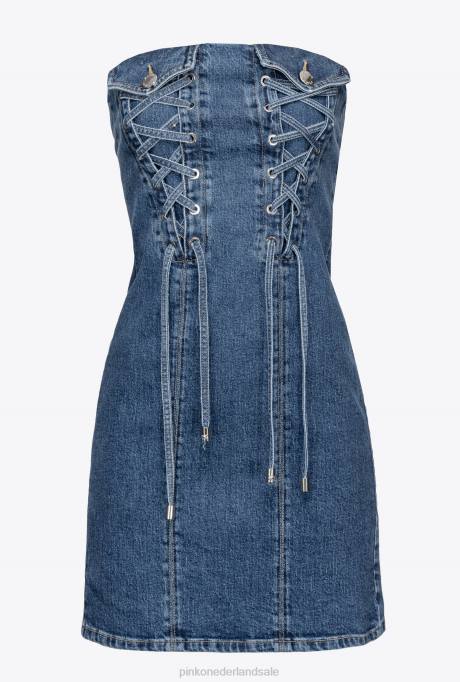 korte jurkjes | L488156 denim mini-jurk met vetersluiting Pinko medium/lichte vintage wassing