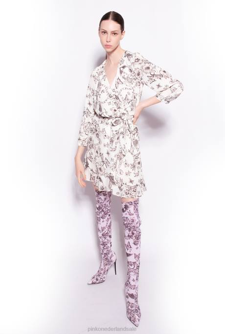 korte jurkjes | L488162 Wikkeljurk met tatoeageprint Pinko boter/zwart