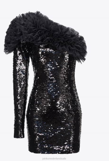 korte jurkjes | L488173 mini-jurk met volledige lovertjes en één schouder Pinko limousine zwart