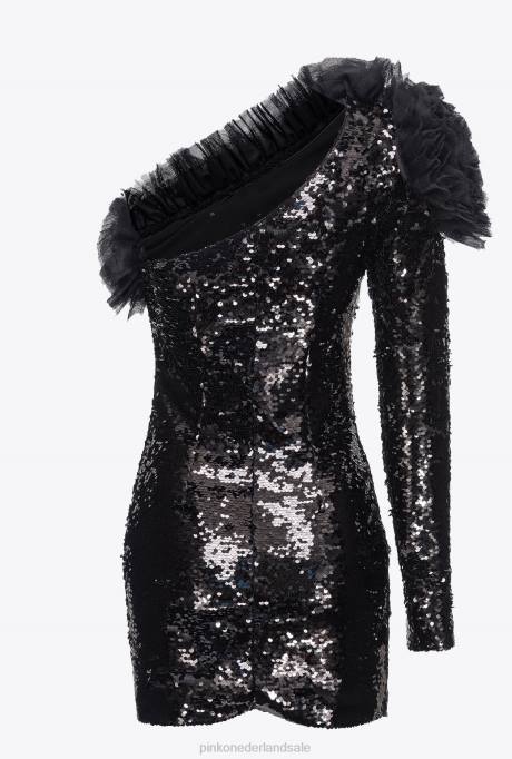 korte jurkjes | L488173 mini-jurk met volledige lovertjes en één schouder Pinko limousine zwart