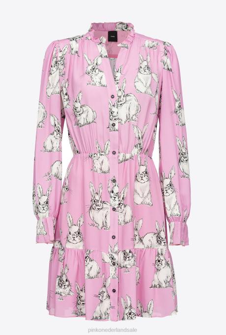 korte jurkjes | L488175 overhemdjurk met konijnenprint Pinko roze/grijs/wit