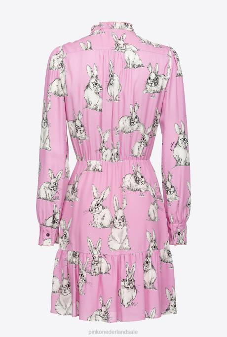 korte jurkjes | L488175 overhemdjurk met konijnenprint Pinko roze/grijs/wit