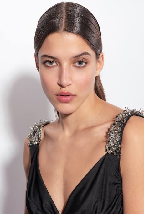 korte jurkjes | L488188 mini-jurk met met juwelen versierde bandjes Pinko limousine zwart