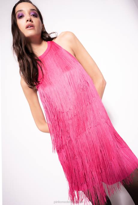 korte jurkjes | L488189 mini jurkje met fijne franjes Pinko fuchsia paars