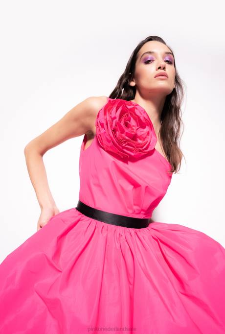 korte jurkjes | L488201 mini-jurk met één schouder en rozendetail Pinko fuchsia paars