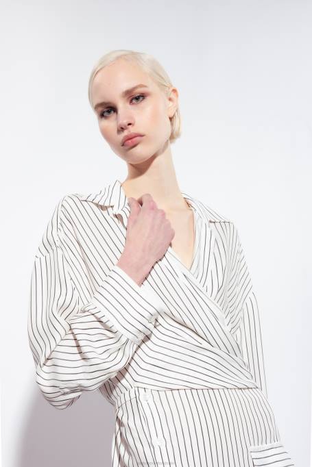 korte jurkjes | L48822 gestreepte mini-hemdjurk Pinko wit Zwart