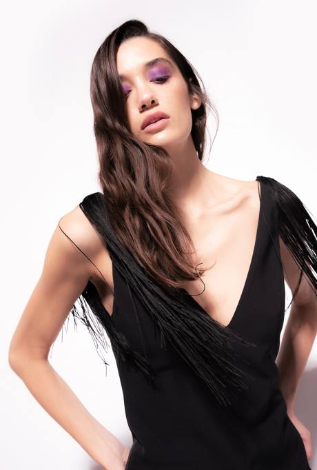 korte jurkjes | L48828 mini-jurk met schouderfranjes Pinko limousine zwart