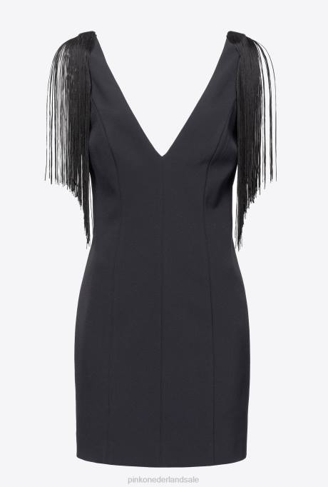 korte jurkjes | L48828 mini-jurk met schouderfranjes Pinko limousine zwart