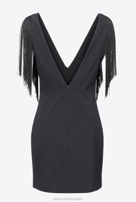 korte jurkjes | L48828 mini-jurk met schouderfranjes Pinko limousine zwart