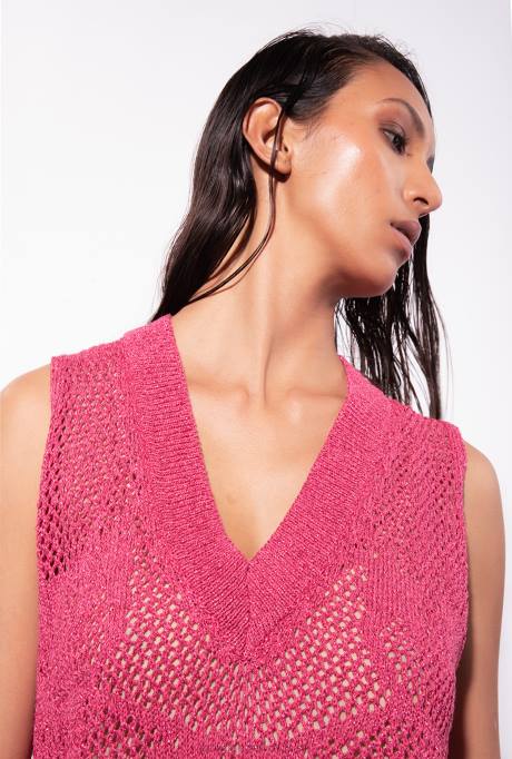 korte jurkjes | L48832 gebreide mini-jurk met maassteek Pinko frambozen rood