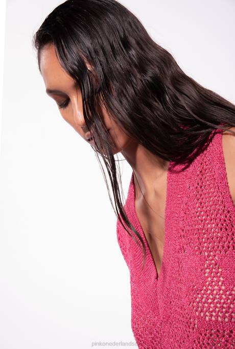 korte jurkjes | L48832 gebreide mini-jurk met maassteek Pinko frambozen rood