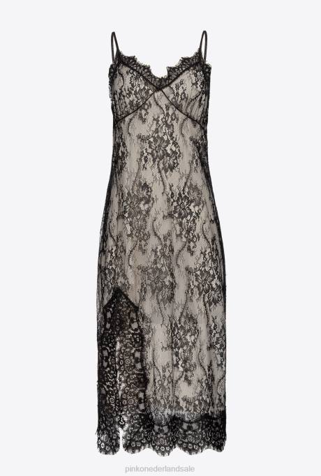 korte jurkjes | L48855 kanten lingerie mini-jurkje Pinko zwart/boter