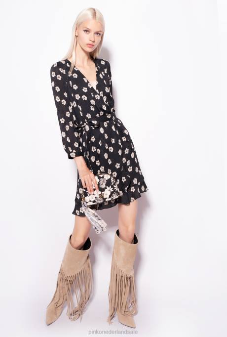 korte jurkjes | L48857 grafische gebloemde mini-jurk Pinko zwart/ecru