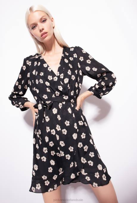 korte jurkjes | L48857 grafische gebloemde mini-jurk Pinko zwart/ecru