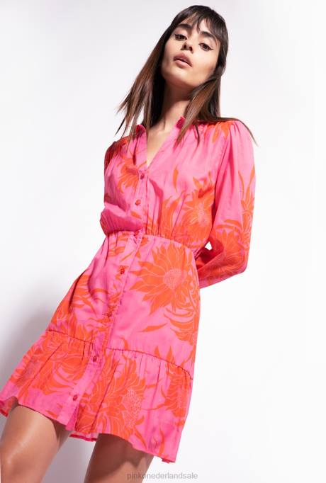 korte jurkjes | L48866 korte jurk met grote bloemenprint Pinko roze/rood