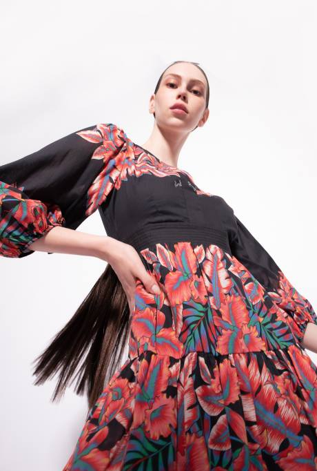 korte jurkjes | L48882 katoenen jurk met tropische print Pinko multi. zwart rood