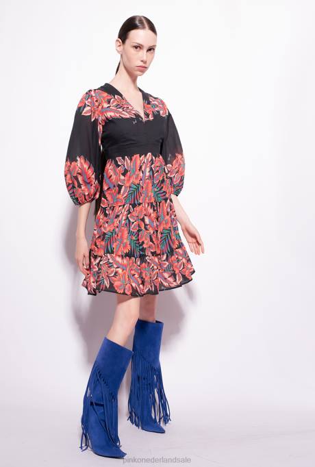 korte jurkjes | L48882 katoenen jurk met tropische print Pinko multi. zwart rood