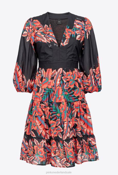 korte jurkjes | L48882 katoenen jurk met tropische print Pinko multi. zwart rood