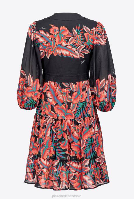 korte jurkjes | L48882 katoenen jurk met tropische print Pinko multi. zwart rood