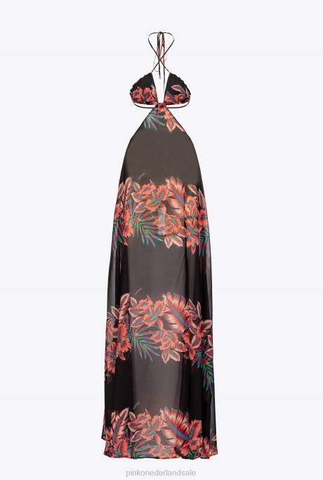 lange jurken | L488102 tropische voile jurk Pinko multi. rood Zwart