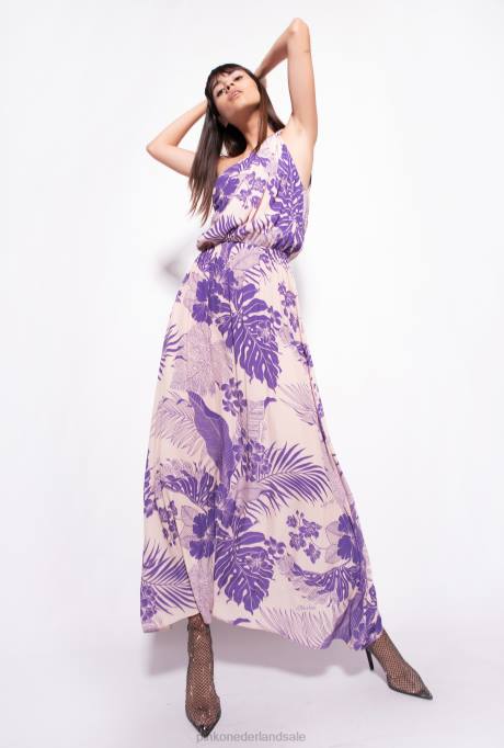 lange jurken | L488131 Jurk met één schouder en tropische print Pinko nude/paars