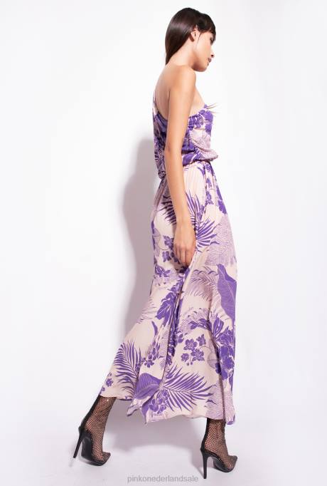 lange jurken | L488131 Jurk met één schouder en tropische print Pinko nude/paars