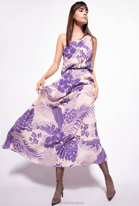 lange jurken | L488131 Jurk met één schouder en tropische print Pinko nude/paars