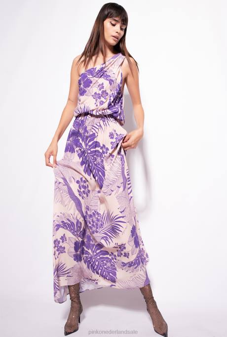 lange jurken | L488131 Jurk met één schouder en tropische print Pinko nude/paars