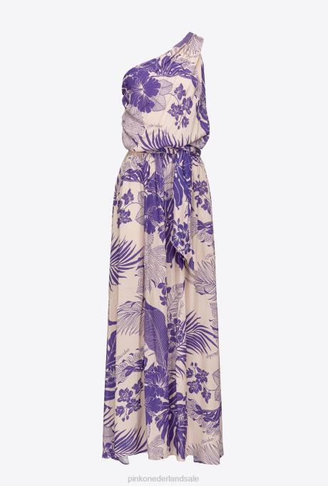 lange jurken | L488131 Jurk met één schouder en tropische print Pinko nude/paars