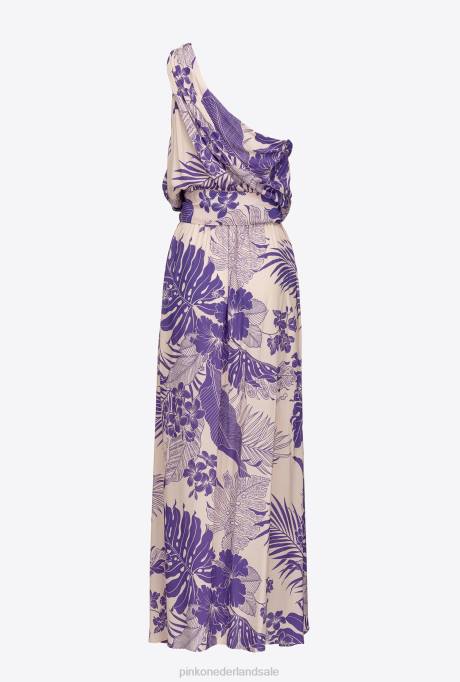 lange jurken | L488131 Jurk met één schouder en tropische print Pinko nude/paars