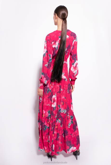 lange jurken | L488141 lange overhemdjurk met hibiscusprint Pinko multi. fuchsia/roze