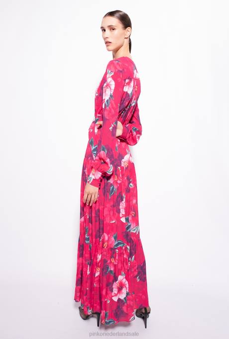 lange jurken | L488141 lange overhemdjurk met hibiscusprint Pinko multi. fuchsia/roze