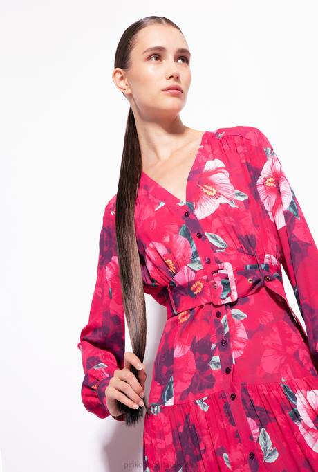 lange jurken | L488141 lange overhemdjurk met hibiscusprint Pinko multi. fuchsia/roze
