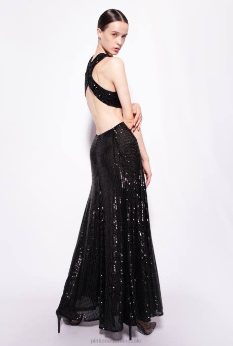 lange jurken | L488155 lange gestreepte jurk met pailletten all over Pinko limousine zwart