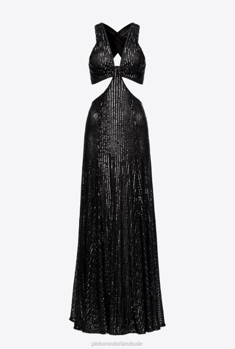 lange jurken | L488155 lange gestreepte jurk met pailletten all over Pinko limousine zwart