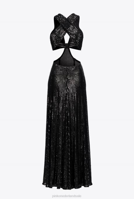 lange jurken | L488155 lange gestreepte jurk met pailletten all over Pinko limousine zwart