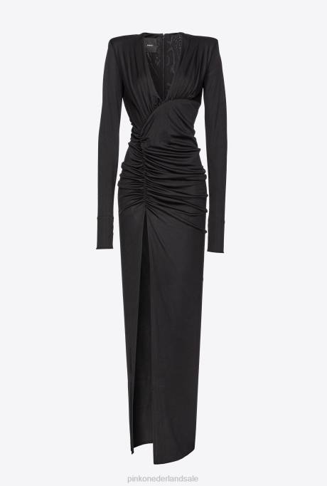 lange jurken | L488166 glanzende jurk met één schouder Pinko limousine zwart
