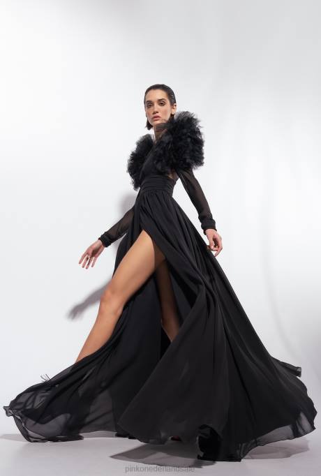 lange jurken | L488187 lange jurk van chiffon en tule Pinko limousine zwart