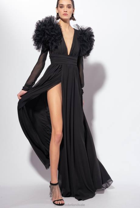 lange jurken | L488187 lange jurk van chiffon en tule Pinko limousine zwart