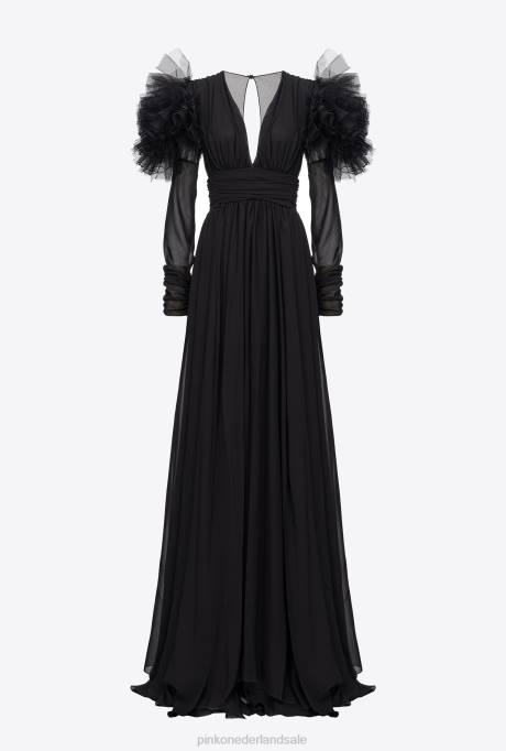 lange jurken | L488187 lange jurk van chiffon en tule Pinko limousine zwart