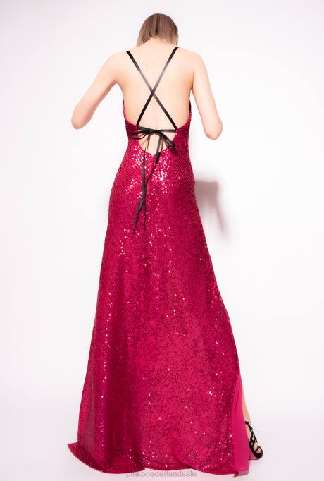 lange jurken | L488203 lange, elegante jurk met pailletten all over Pinko fuchsia/grijs