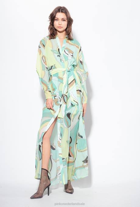 lange jurken | L48837 Voile overhemdjurk met bloemenknop print Pinko veelkleurig - aquagroen/beige