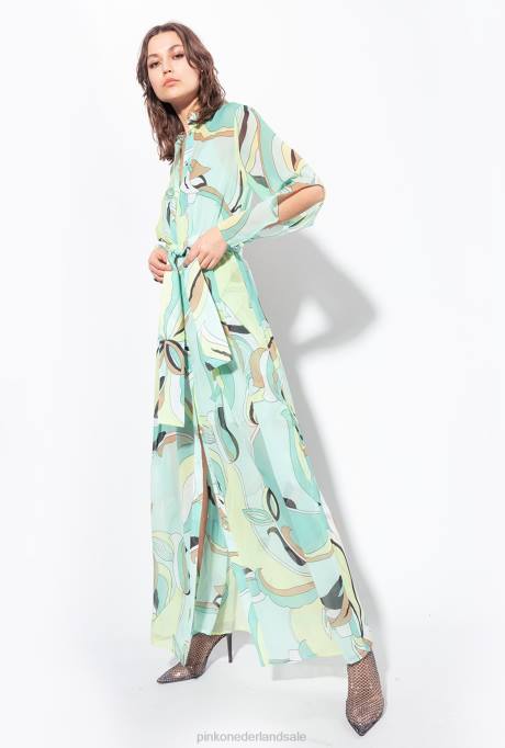 lange jurken | L48837 Voile overhemdjurk met bloemenknop print Pinko veelkleurig - aquagroen/beige