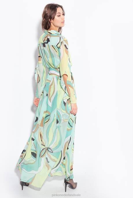 lange jurken | L48837 Voile overhemdjurk met bloemenknop print Pinko veelkleurig - aquagroen/beige